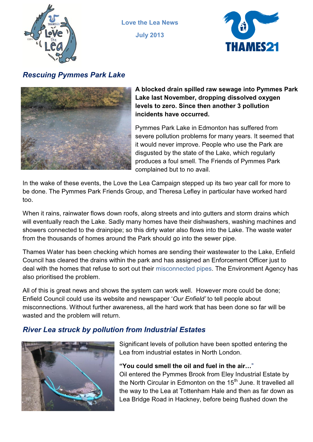 Rescuing Pymmes Park Lake River Lea Struck by Pollution from Industrial Estates