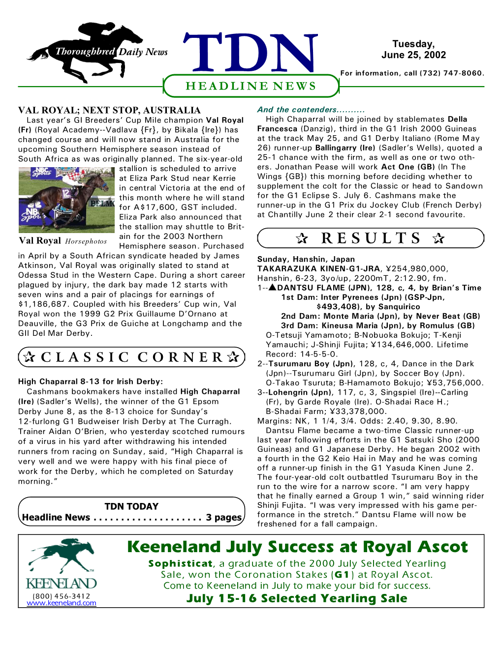Keeneland July Success at Royal Ascot Sophisticat, a Graduate of the 2000 July Selected Yearling Sale, Won the Coronation Stakes (G1) at Royal Ascot