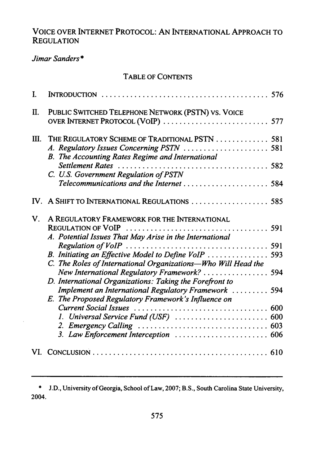 Voice Over Internet Protocol: an International Approach to Regulation