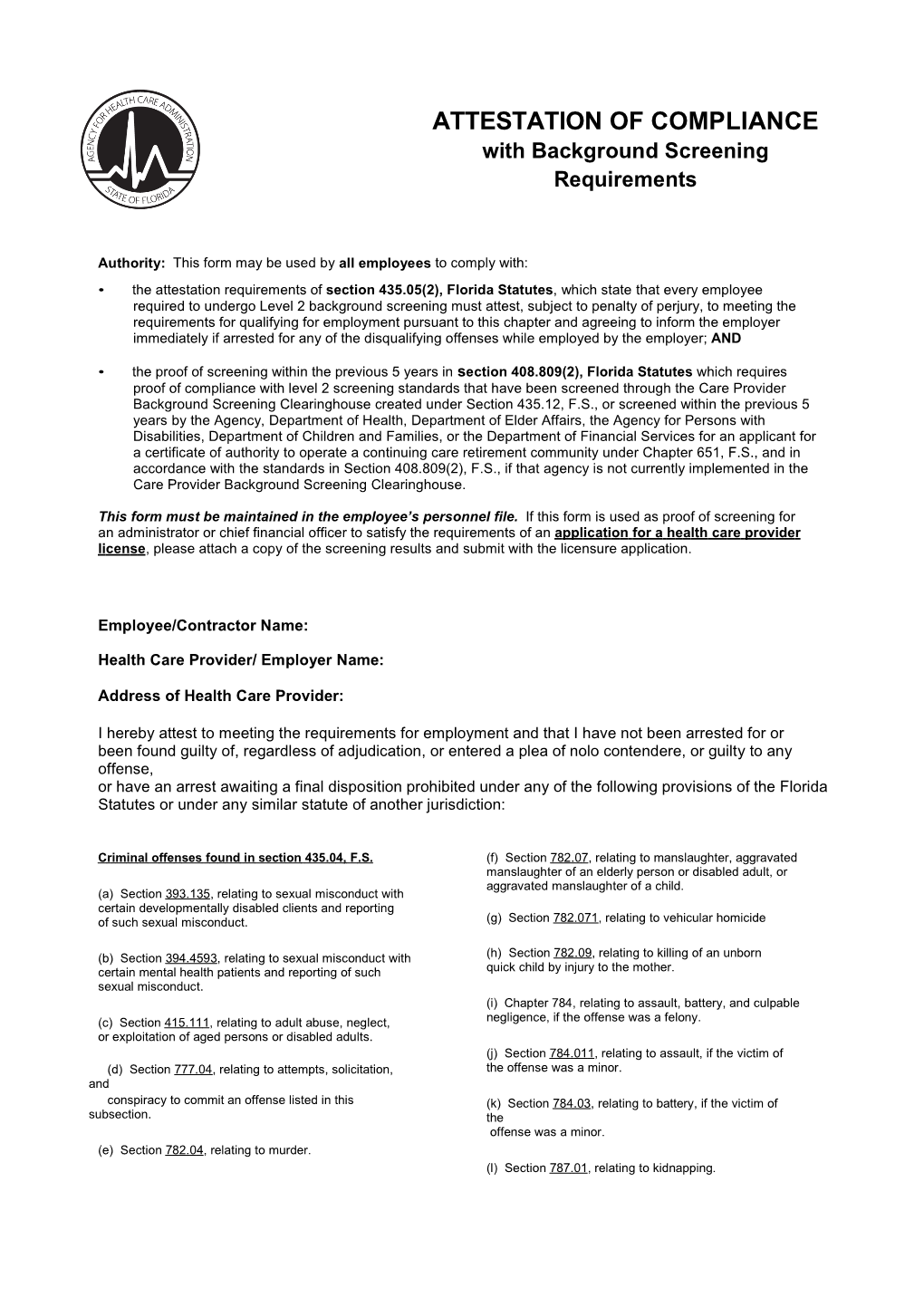 Affidavit of Compliance with Background Screening Requirements