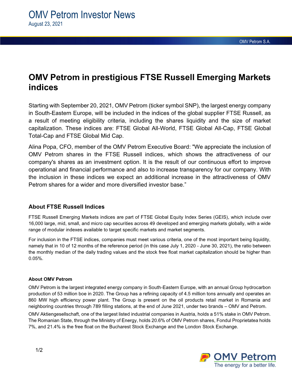 OMV Petrom Investor News August 23, 2021