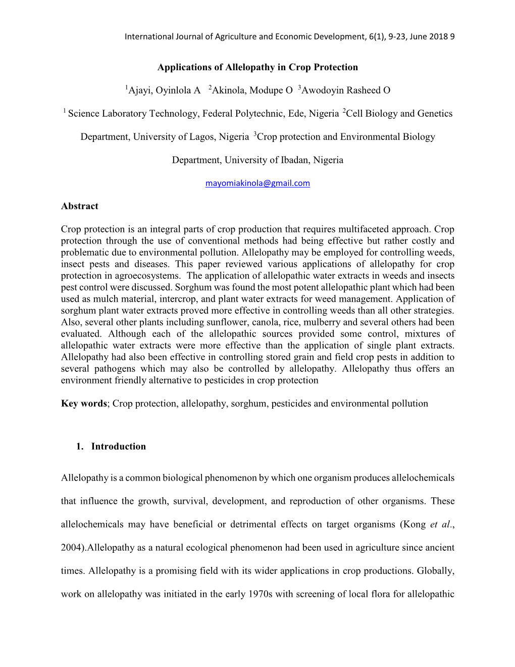 Applications of Allelopathy in Crop Protection 1Ajayi, Oyinlola A