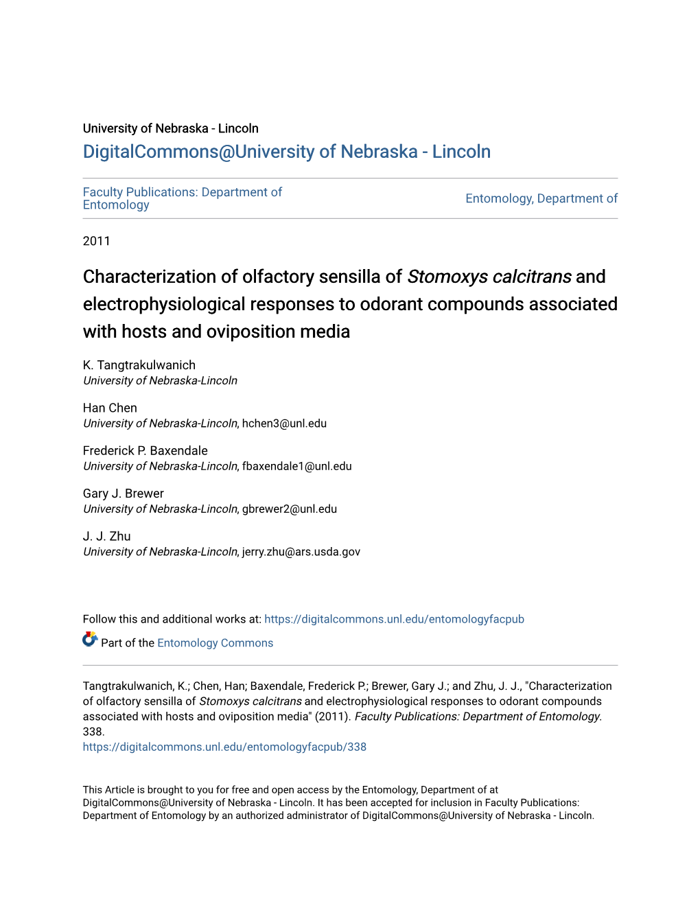 Characterization of Olfactory Sensilla of &lt;I&gt;Stomoxys Calcitrans&lt;/I&gt;