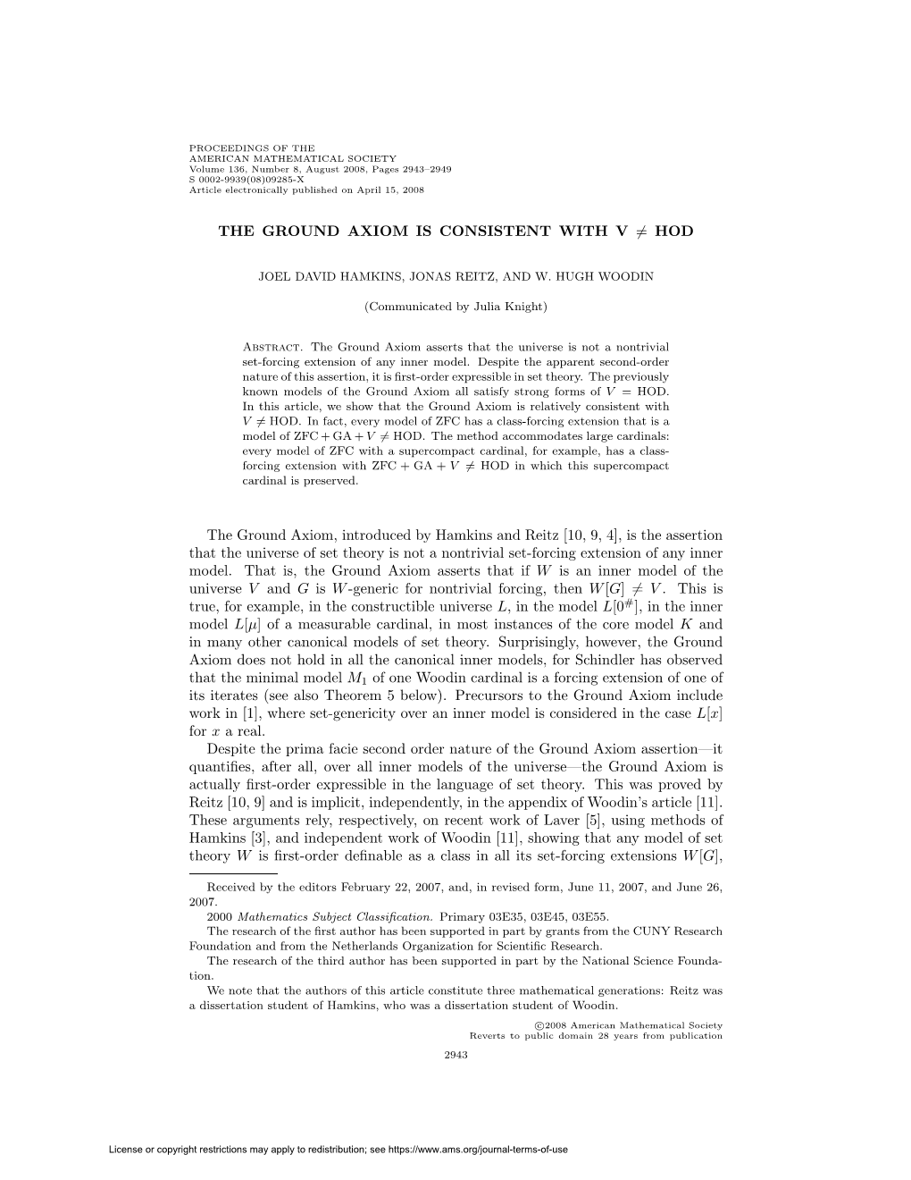 THE GROUND AXIOM IS CONSISTENT with V = HOD The