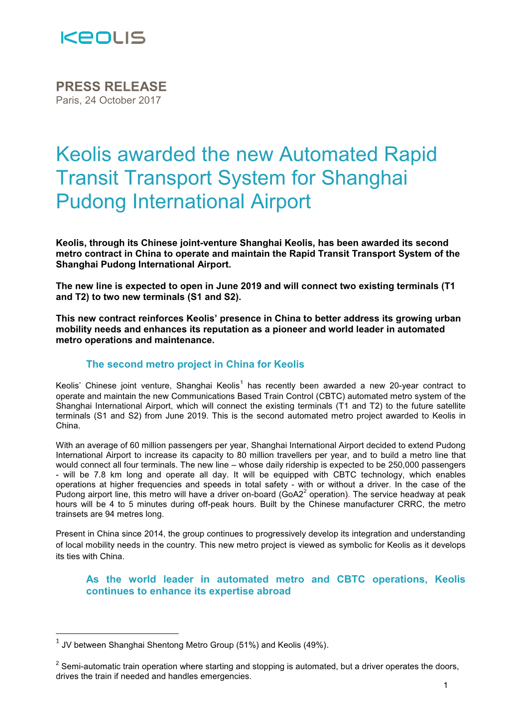 Keolis Awarded the New Automated Rapid Transit Transport System for Shanghai Pudong International Airport