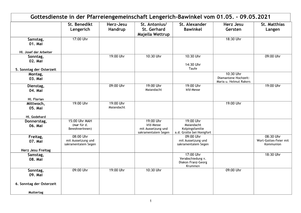 Gottesdienste Vom 01.05