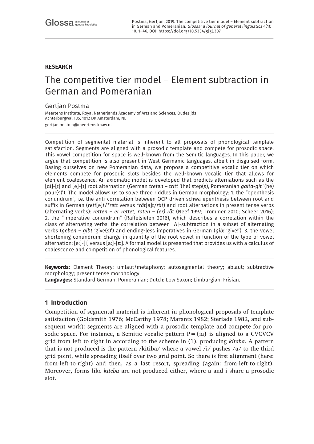 The Competitive Tier Model – Element Subtraction General Linguistics Glossa in German and Pomeranian