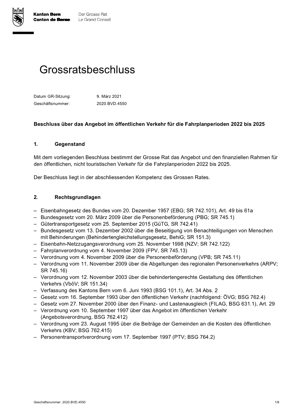 Beschluss Über Das Angebot Im Öffentlichen Verkehr Für Die Fahrplanperioden 2022 Bis 2025