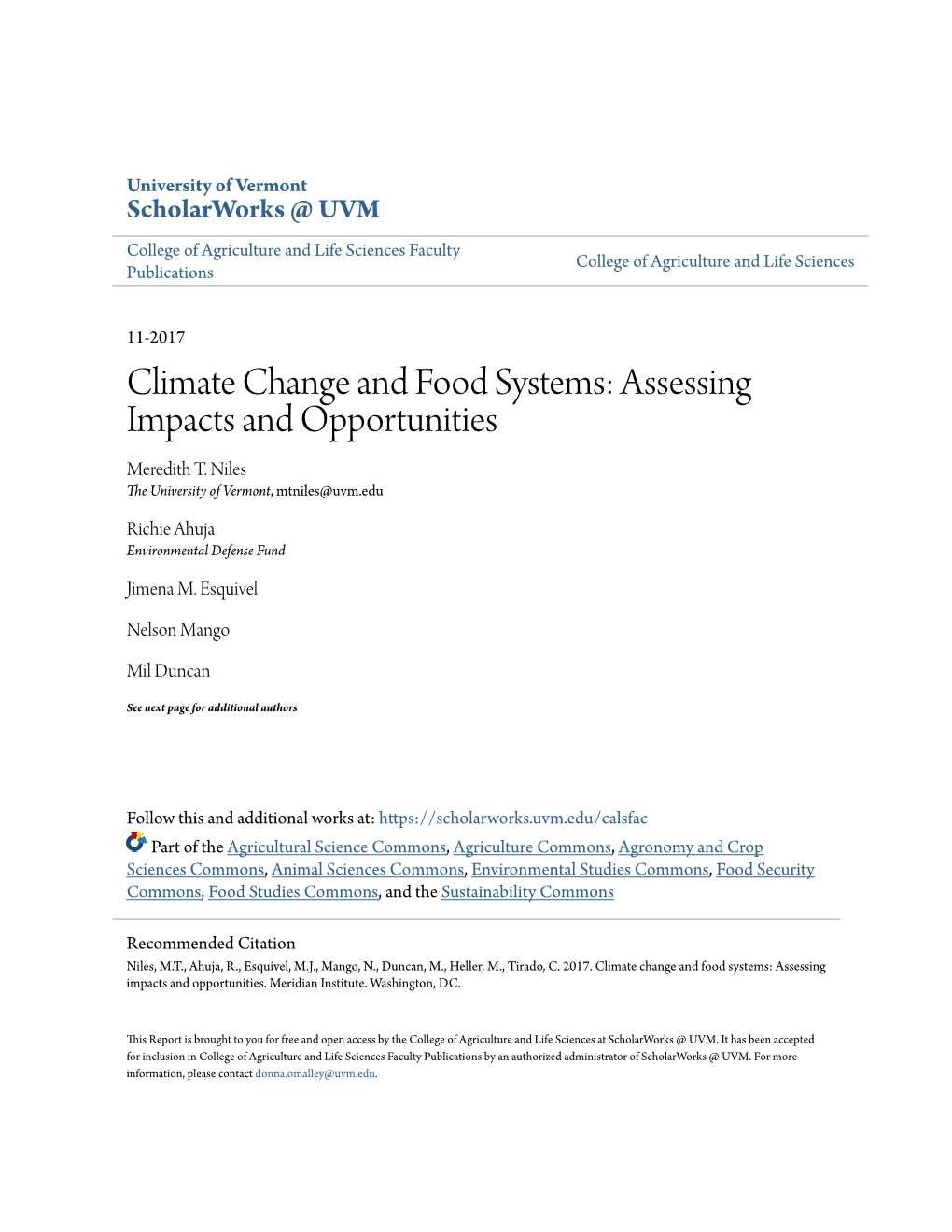 Climate Change and Food Systems: Assessing Impacts and Opportunities Meredith T