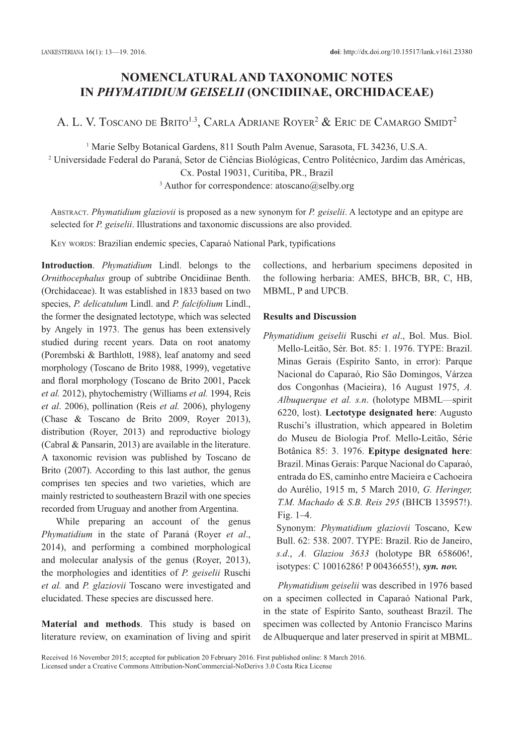 Nomenclatural and Taxonomic Notes in Phymatidium Geiselii (Oncidiinae, Orchidaceae)