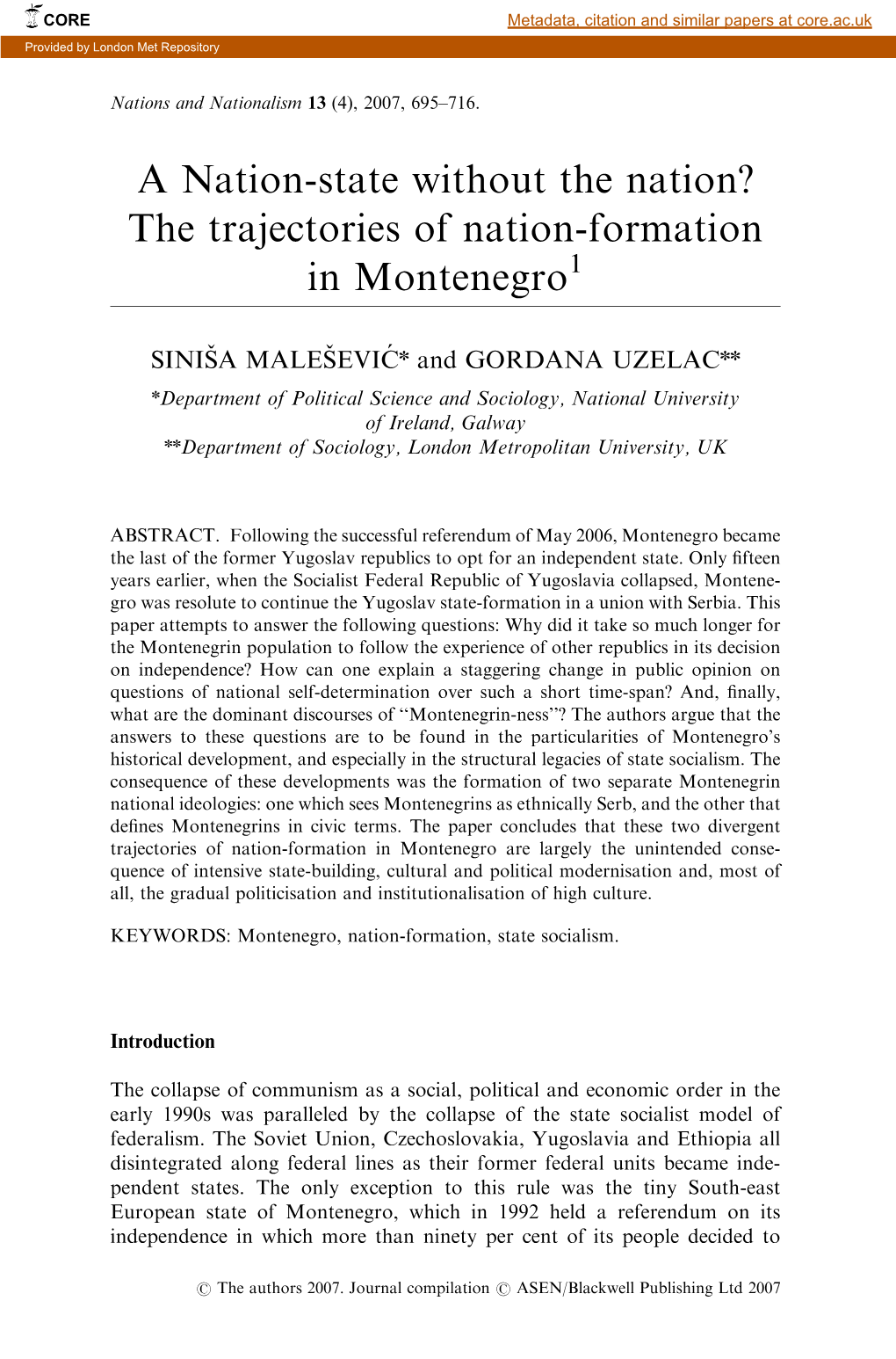 The Trajectories of Nation-Formation in Montenegro1