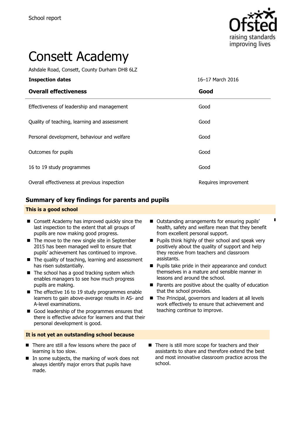 Consett Academy Ashdale Road, Consett, County Durham DH8 6LZ Inspection Dates 16–17 March 2016