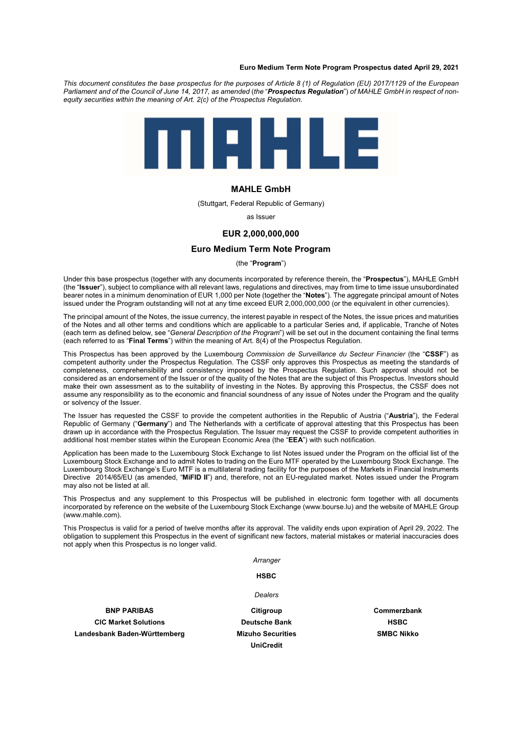 MAHLE Gmbh EUR 2,000,000,000 Euro Medium Term Note Program