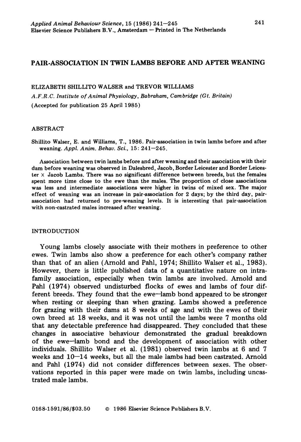 Pair-Association in Twin Lambs Before and After Weaning