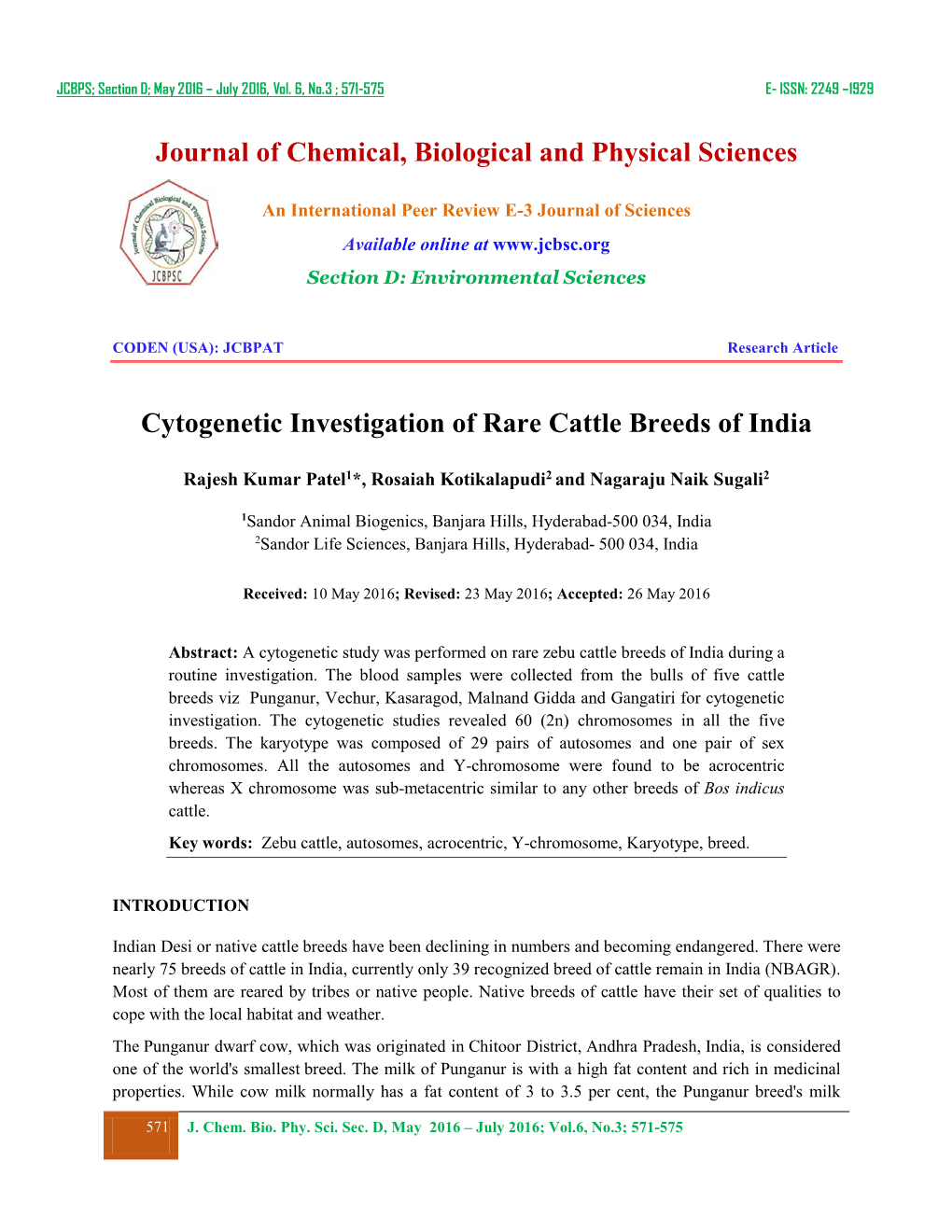 Journal of Chemical, Biological and Physical Sciences Cytogenetic