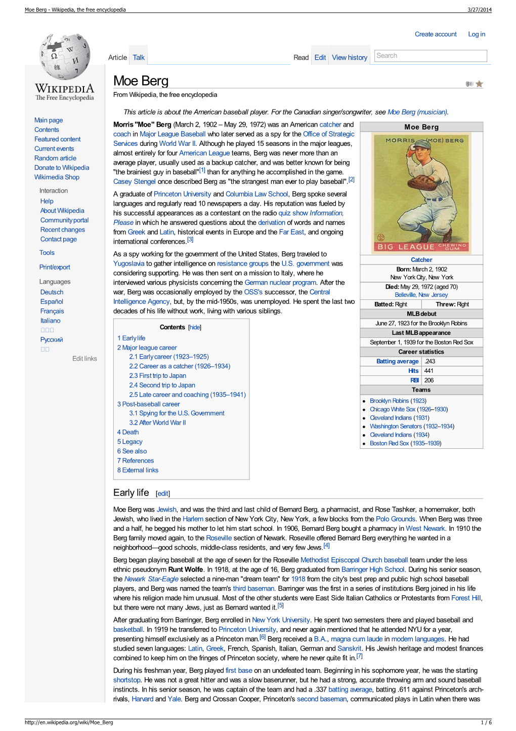 Moe Berg - Wikipedia, the Free Encyclopedia 3/27/2014