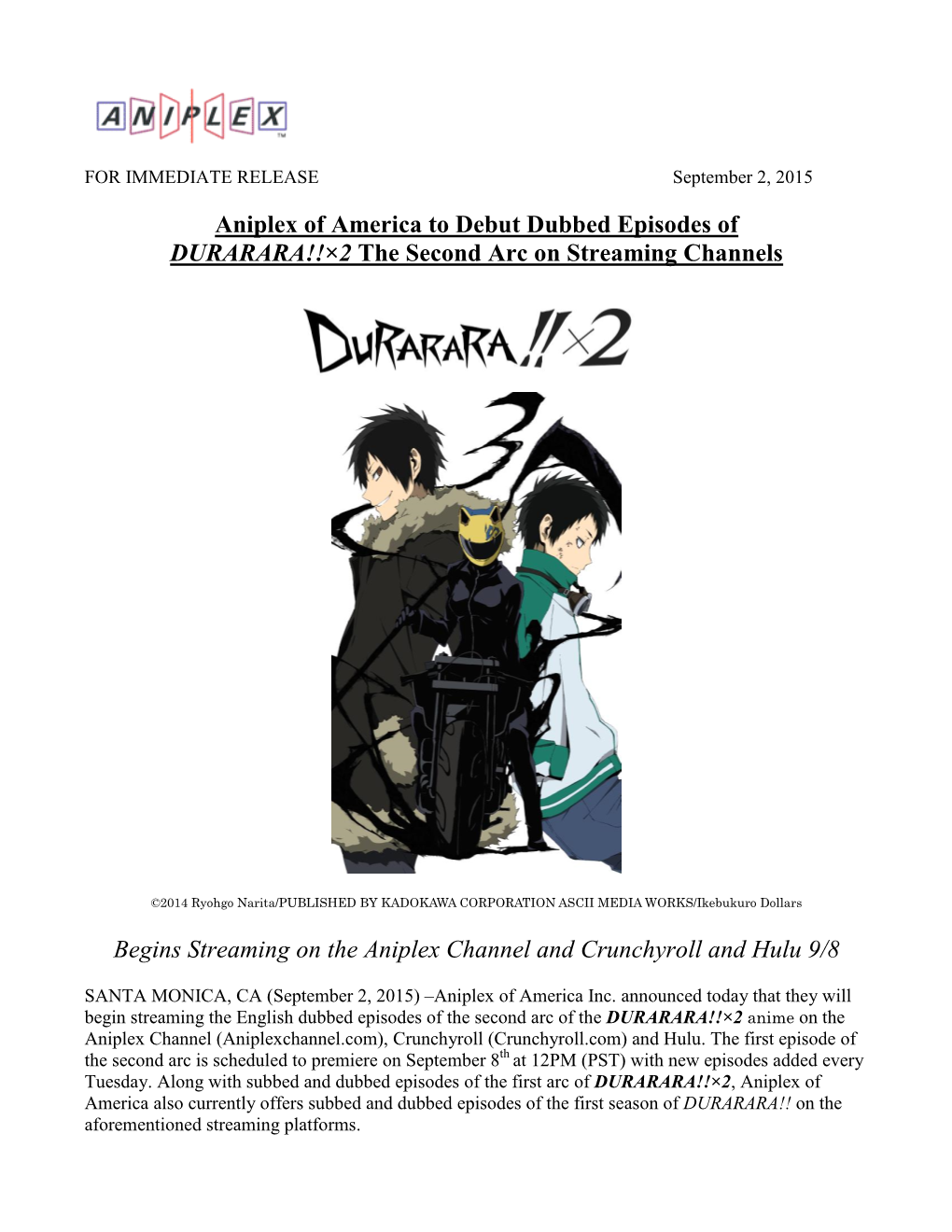 Aniplex of America to Debut Dubbed Episodes of DURARARA!!×2 the Second Arc on Streaming Channels