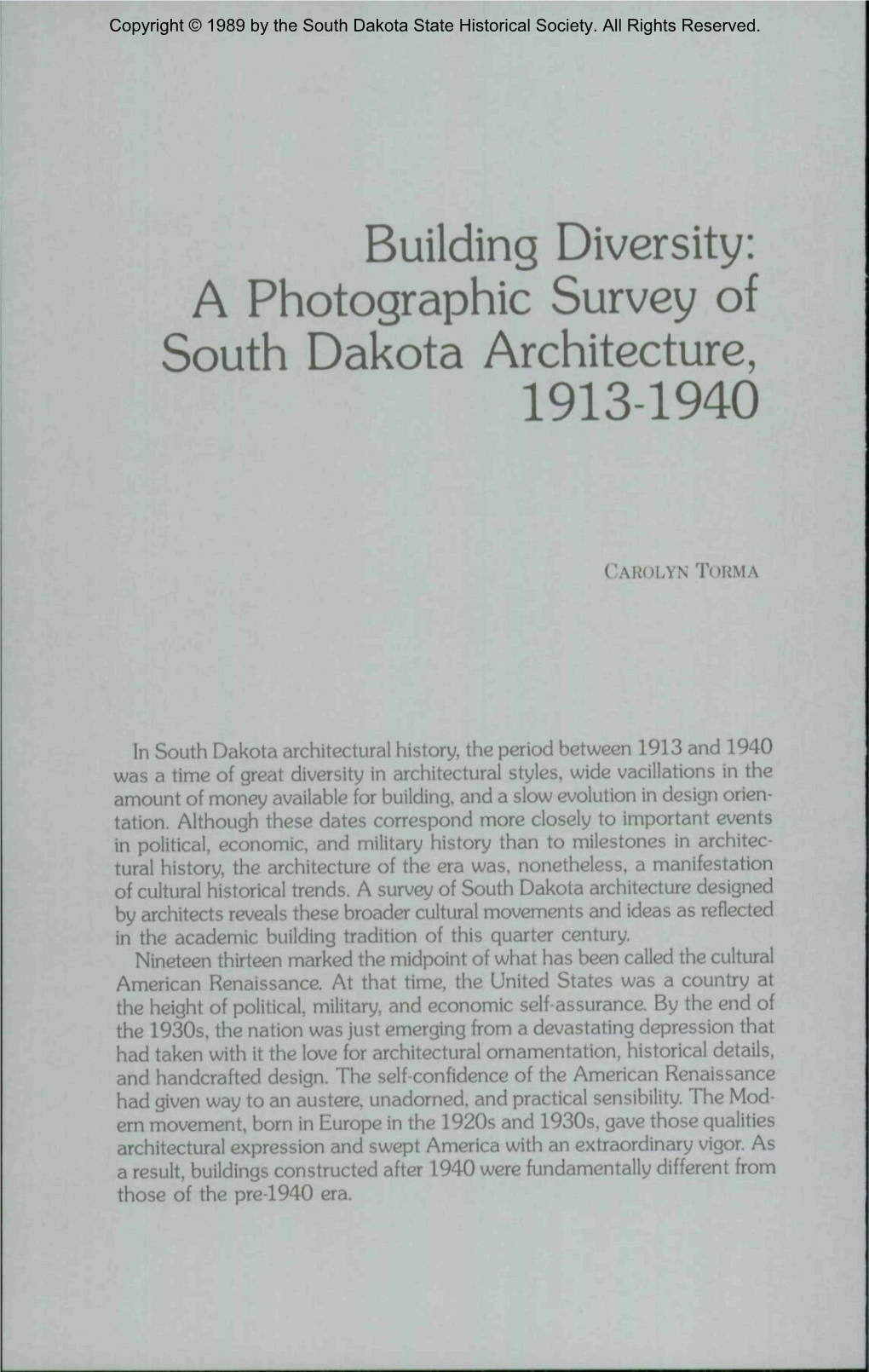 Building Diversity: a Photographic Survey of South Dakota Architecture, 1913-1940