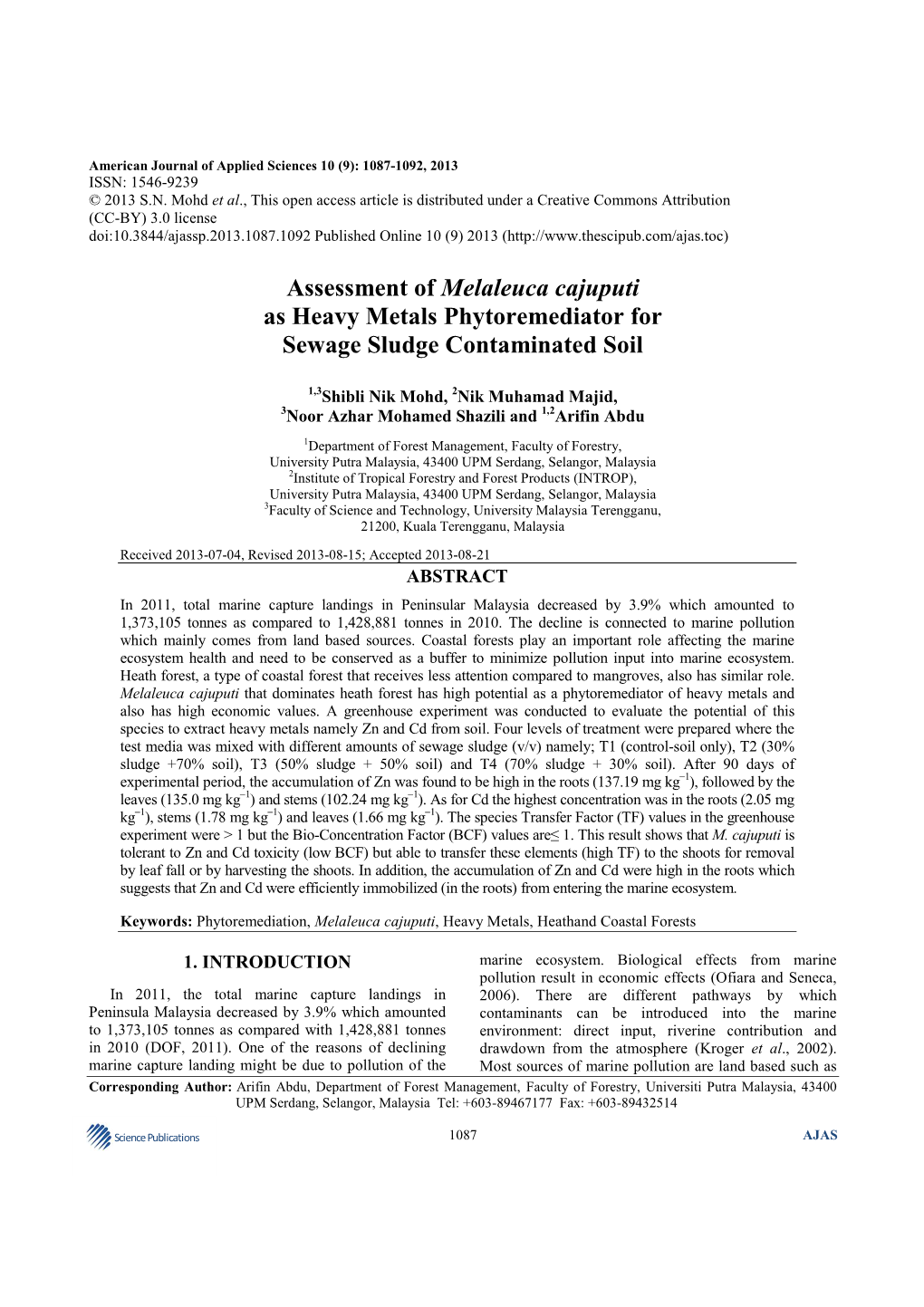 Assessment of Melaleuca Cajuputi As Heavy Metals Phytoremediator for Sewage Sludge Contaminated Soil