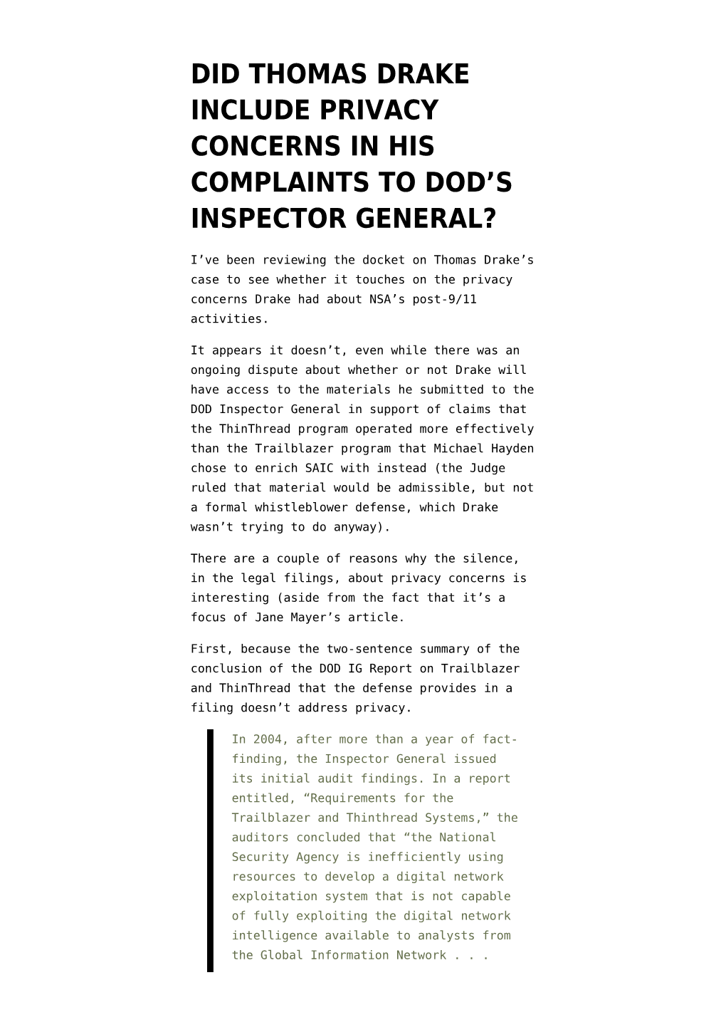 Did Thomas Drake Include Privacy Concerns in His Complaints to Dod’S Inspector General?