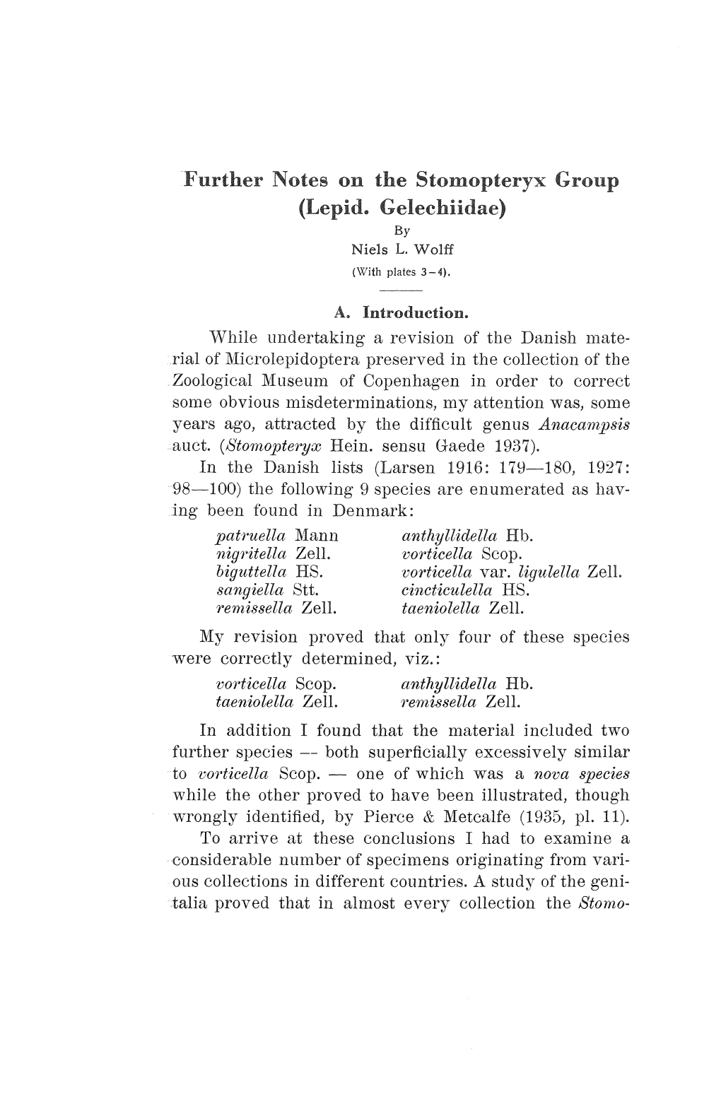 Further Notes on the Stomopteryx Group (Lepid. Gelechiidae) by Niels L