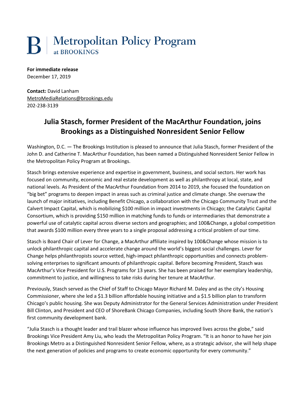 Julia Stasch, Former President of the Macarthur Foundation, Joins Brookings As a Distinguished Nonresident Senior Fellow