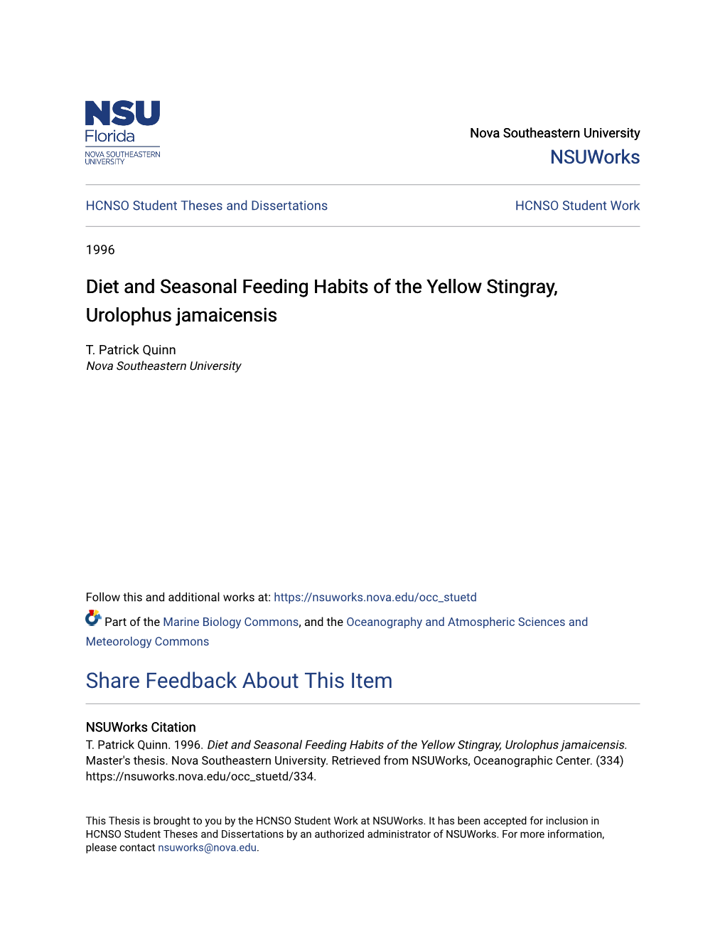 Diet and Seasonal Feeding Habits of the Yellow Stingray, Urolophus Jamaicensis