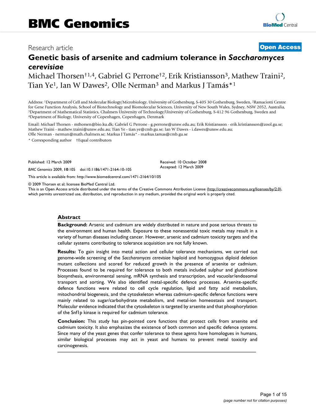 Genetic Basis of Arsenite and Cadmium Tolerance in Saccharomyces Cerevisiae
