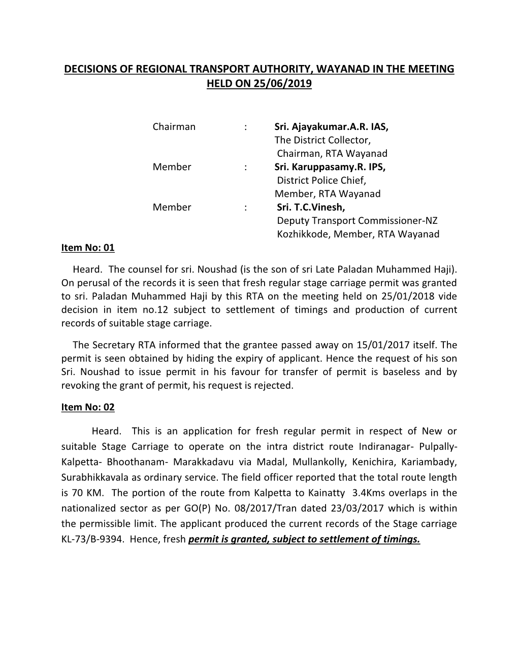 Decisions of Regional Transport Authority, Wayanad in the Meeting Held on 25/06/2019