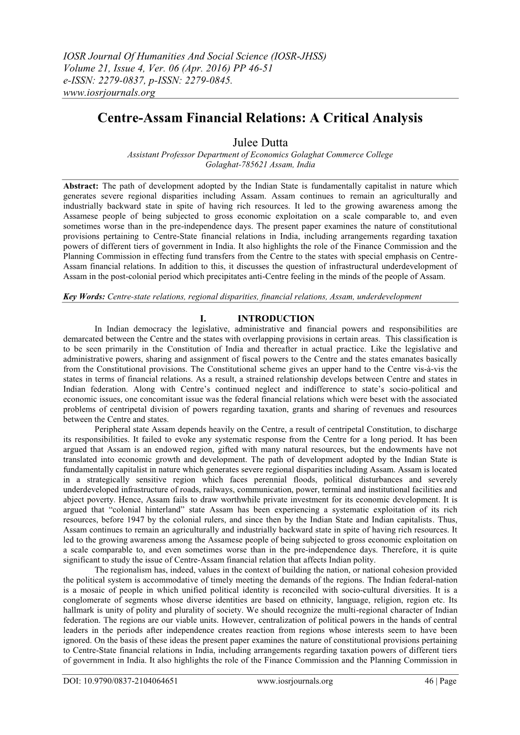 Centre-Assam Financial Relations: a Critical Analysis