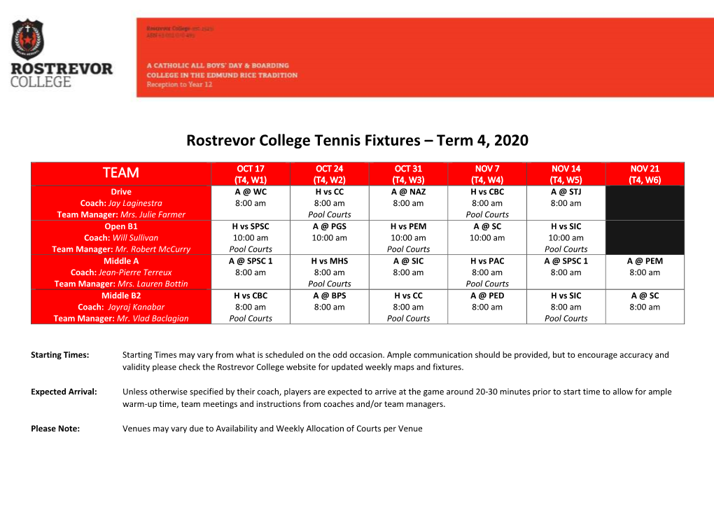 Rostrevor College Tennis Fixtures – Term 4, 2020