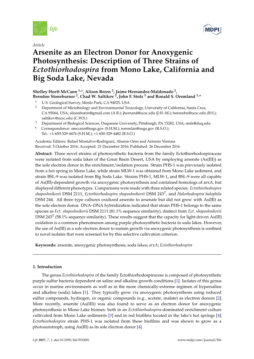 Arsenite As an Electron Donor for Anoxygenic Photosynthesis: Description of Three Strains of Ectothiorhodospira from Mono Lake, California and Big Soda Lake, Nevada