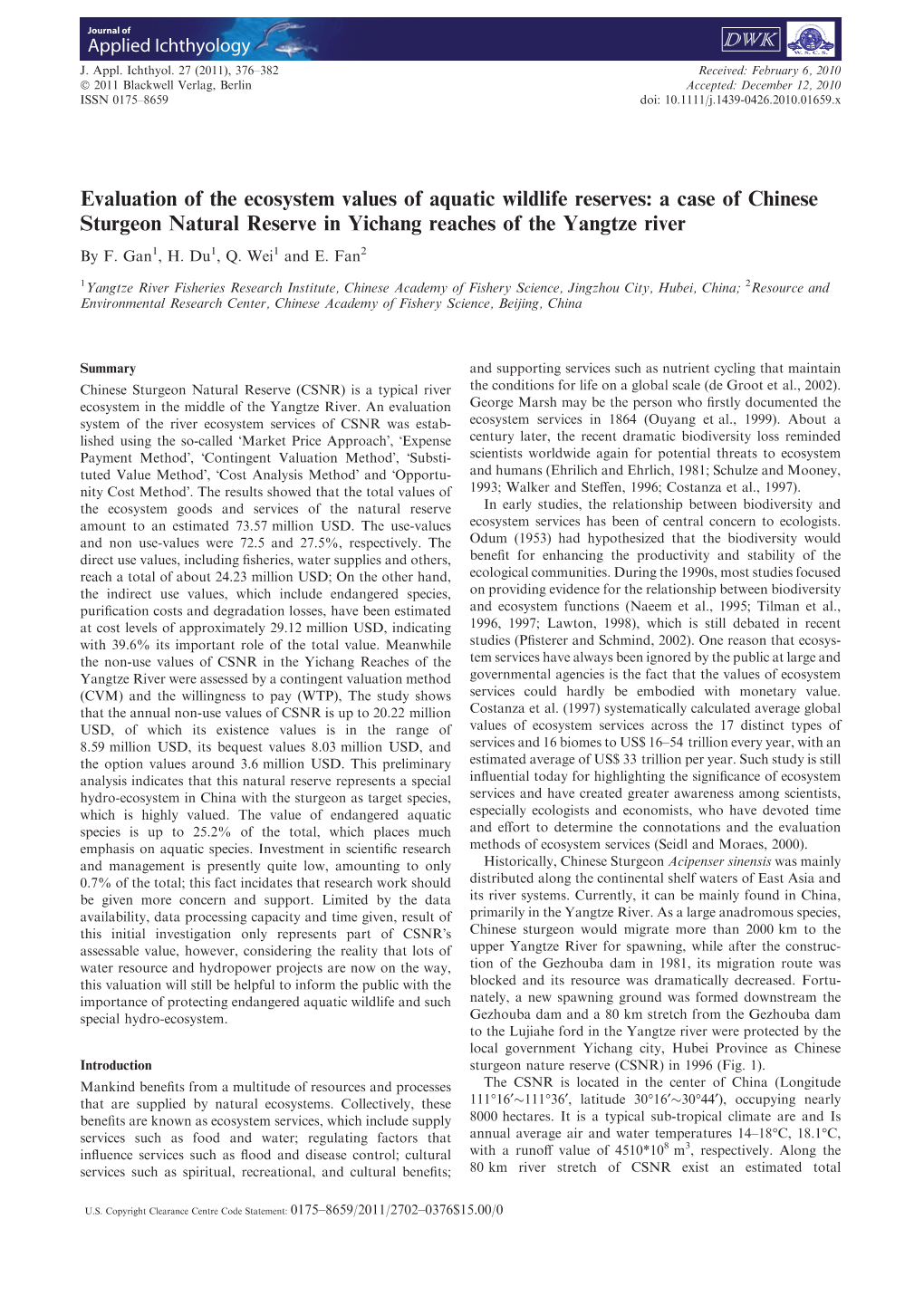 Evaluation of the Ecosystem Values of Aquatic Wildlife Reserves: a Case of Chinese Sturgeon Natural Reserve in Yichang Reaches of the Yangtze River by F