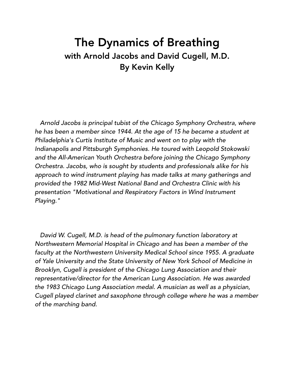 Dynamics of Breathing with Arnold Jacobs and David Cugell, M.D