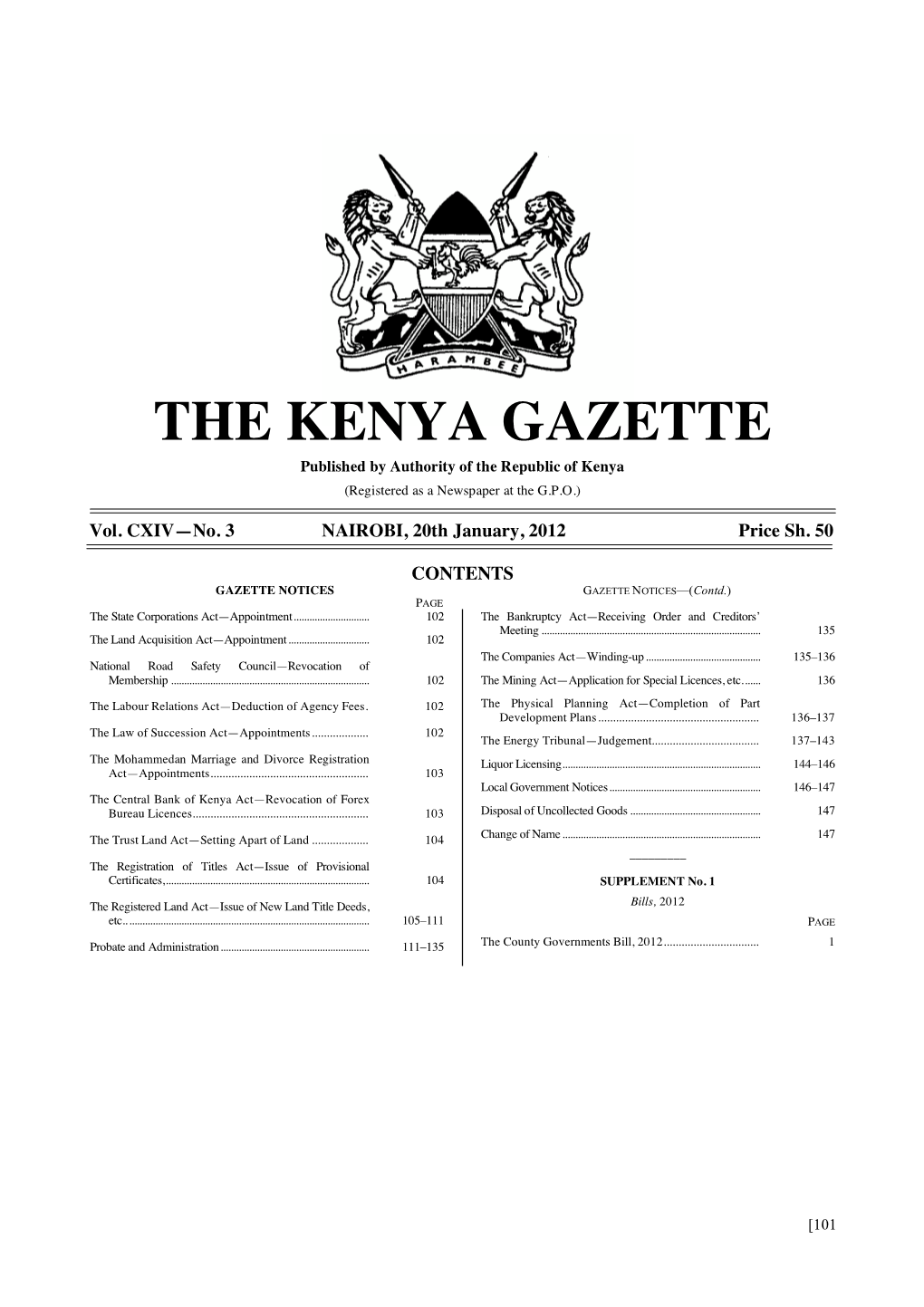 THE KENYA GAZETTE Published by Authority of the Republic of Kenya (Registered As a Newspaper at the G.P.O.)