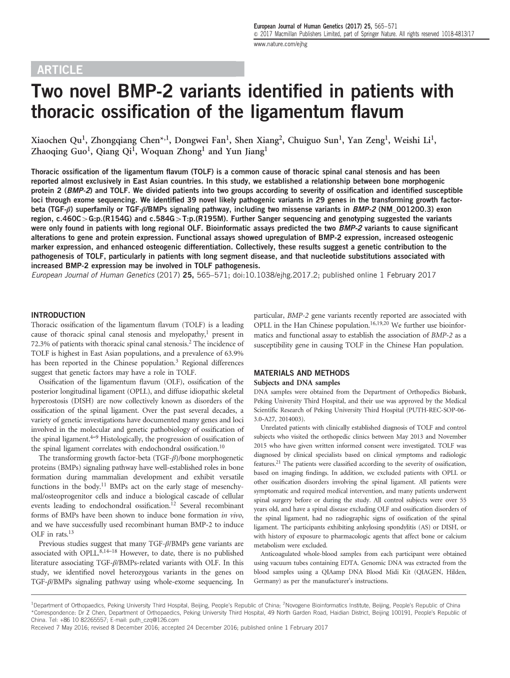 Two Novel BMP-2 Variants Identified in Patients with Thoracic Ossification Of