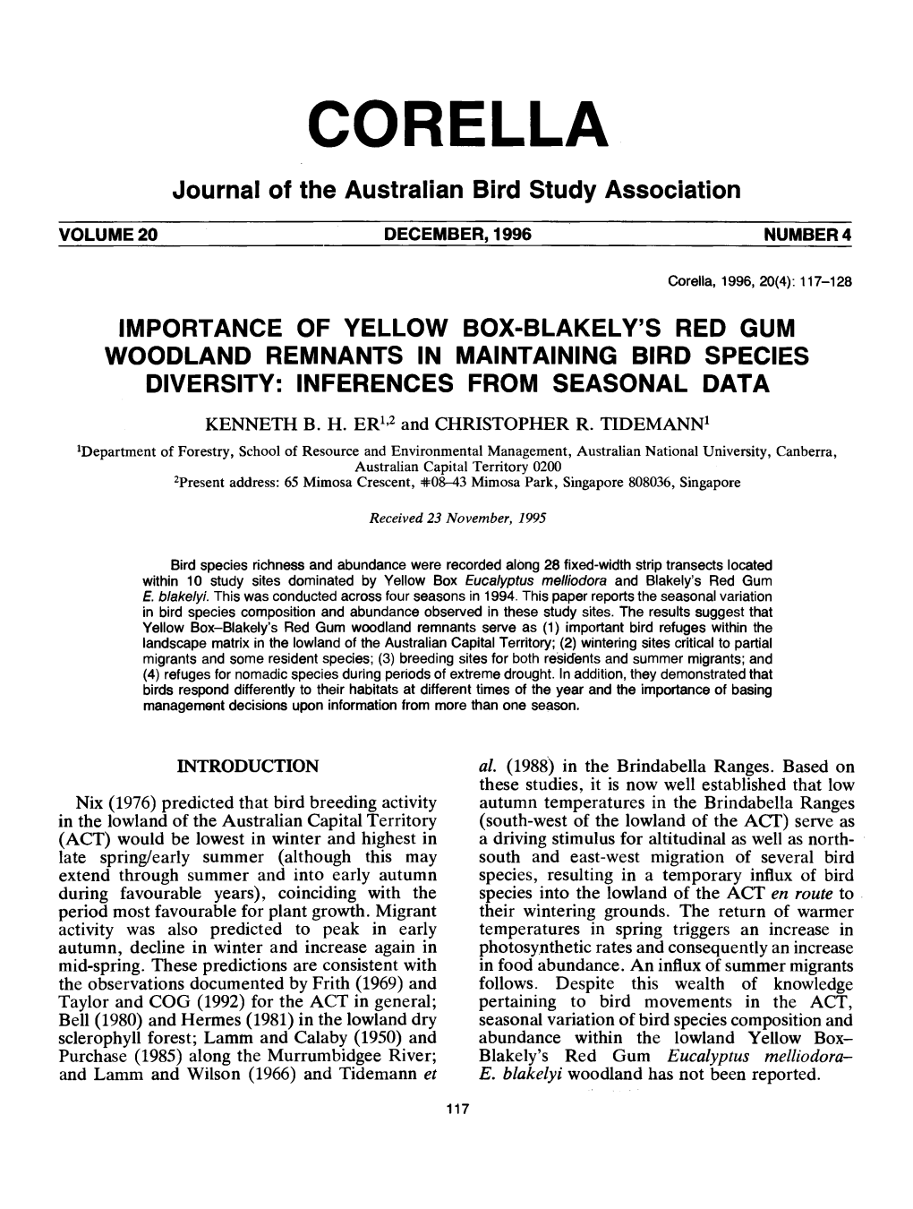 Importance of Yellow Box-Blakely's Red Gum Woodland Remnants in Maintaining Bird Species Diversity: Inferences from Seasonal Data