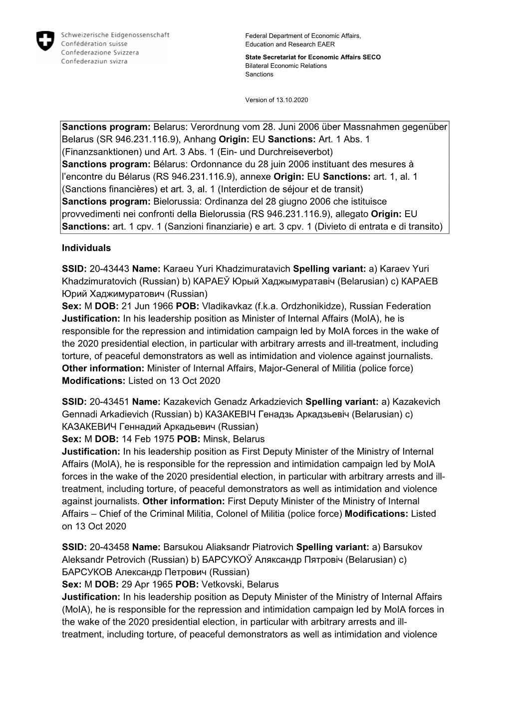 Sanctions Program: Belarus: Verordnung Vom 28. Juni 2006 Über Massnahmen Gegenüber Belarus (SR 946.231.116.9), Anhang Origin: EU Sanctions: Art