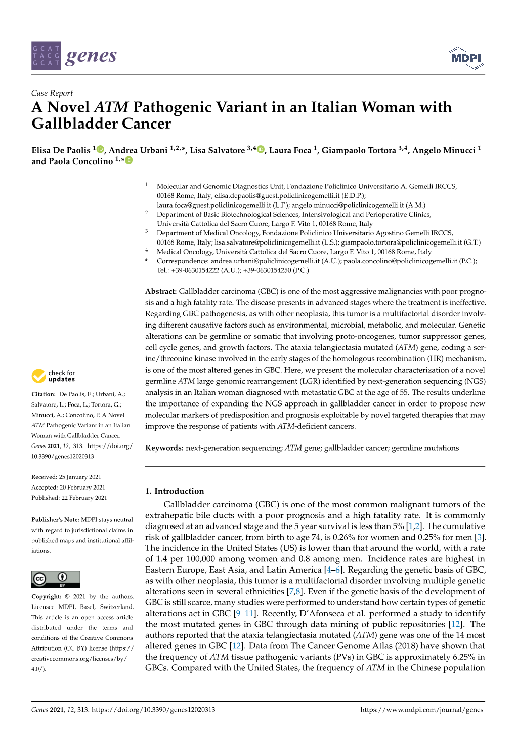 A Novel ATM Pathogenic Variant in an Italian Woman with Gallbladder Cancer