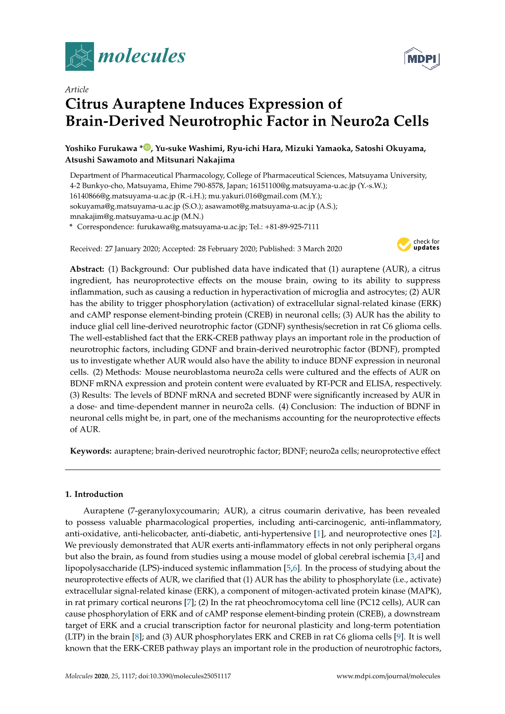 Citrus Auraptene Induces Expression of Brain-Derived Neurotrophic Factor in Neuro2a Cells