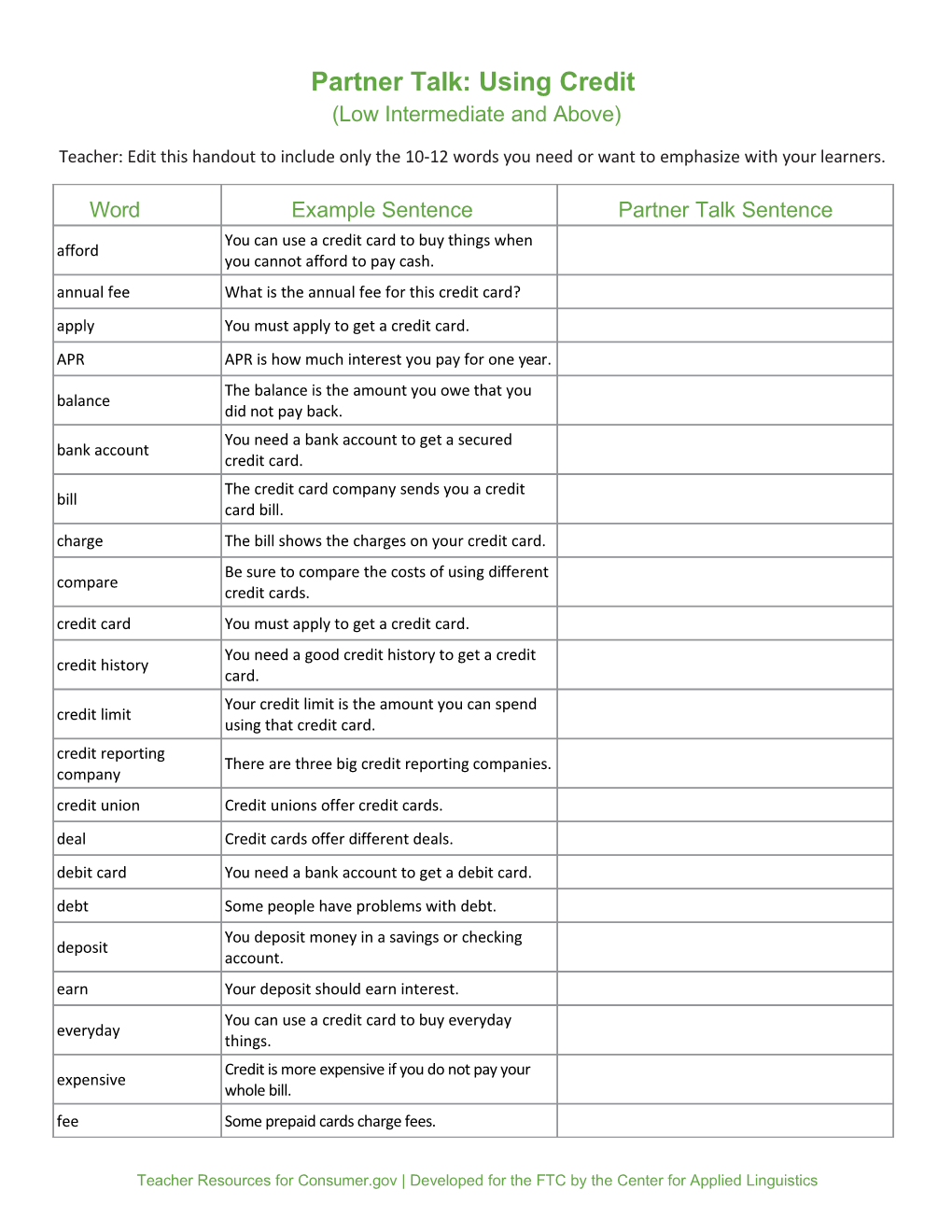 Consumer.Gov Lesson Plan Materials: Using Credit