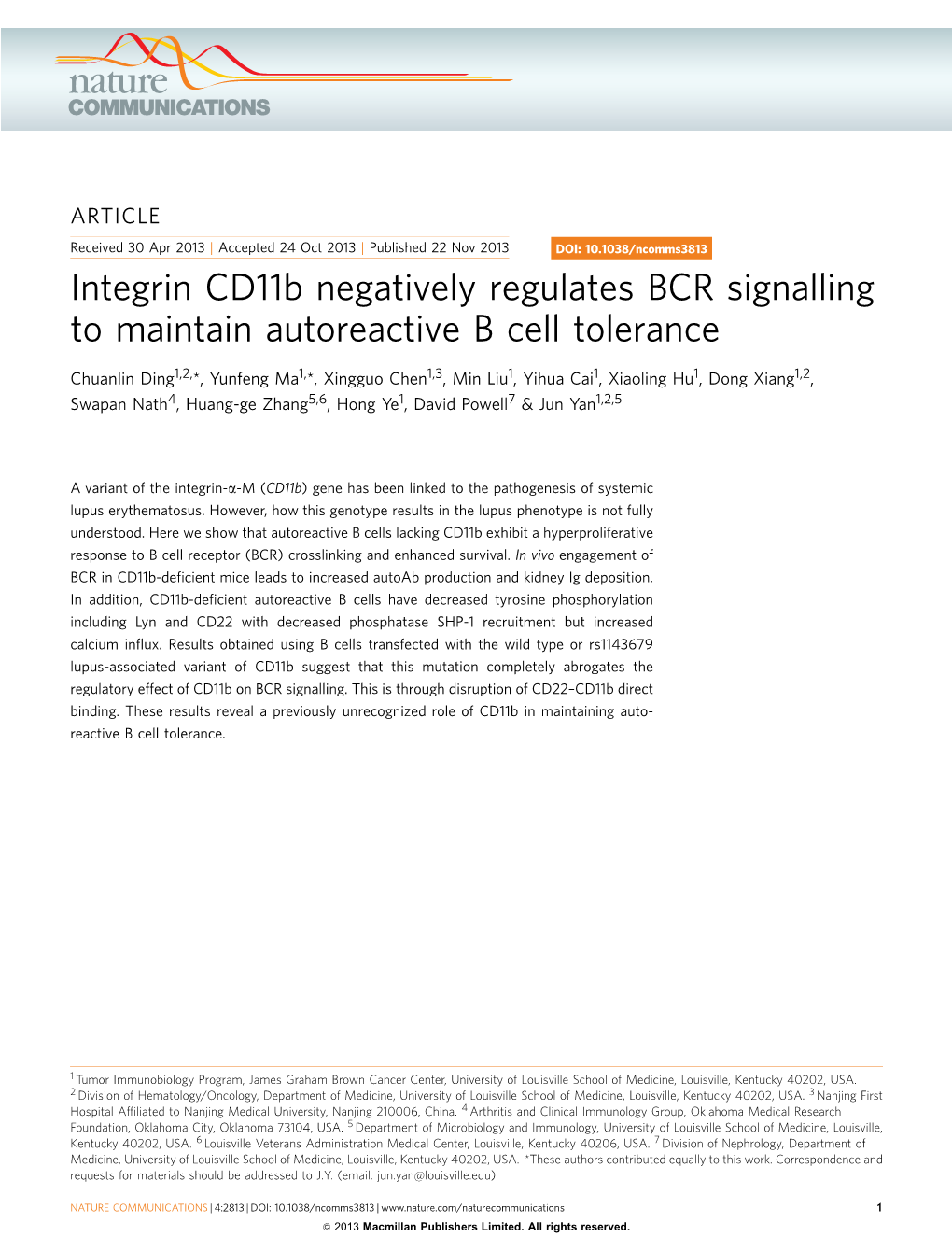 Integrin Cd11b Negatively Regulates BCR Signalling to Maintain Autoreactive B Cell Tolerance