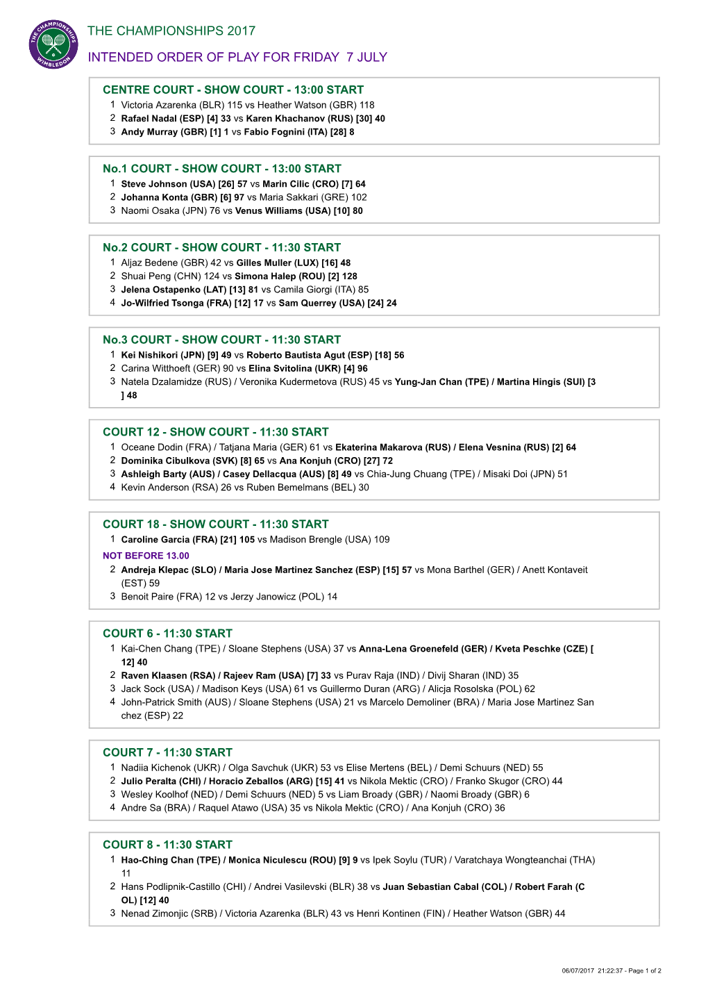 Intended Order of Play for Friday 7 July