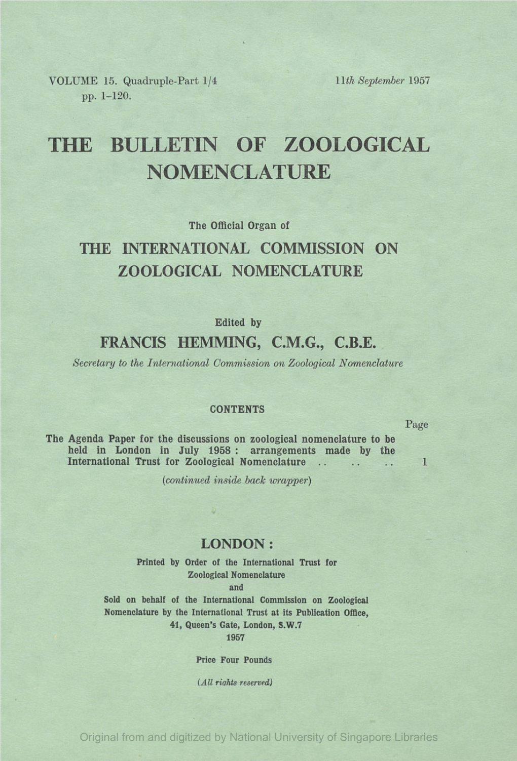 The Bulletin of Zoological Nomenclature, Vol.15, Part 1-4