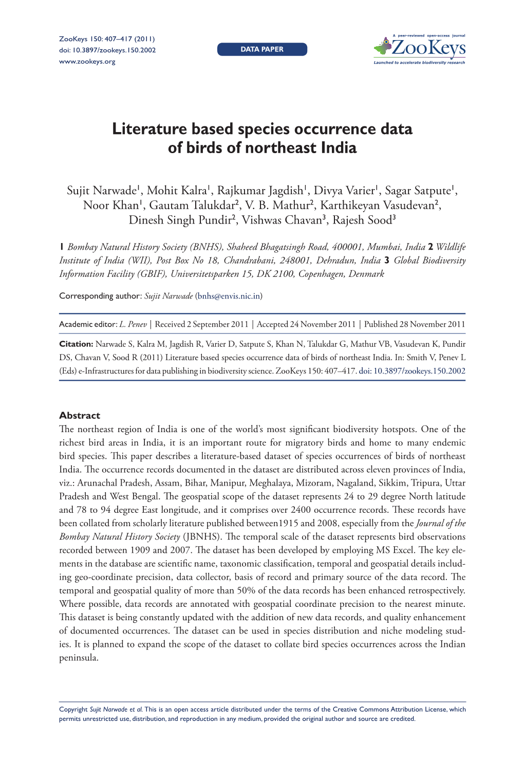 Literature Based Species Occurrence Data of Birds of Northeast India