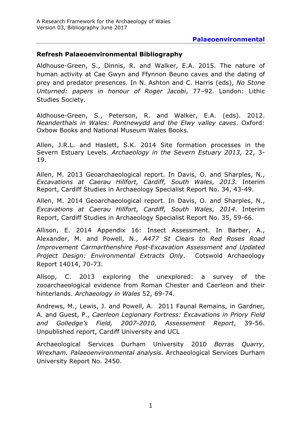 Refresh Palaeoenvironmental Bibliography Aldhouse-Green, S., Dinnis, R