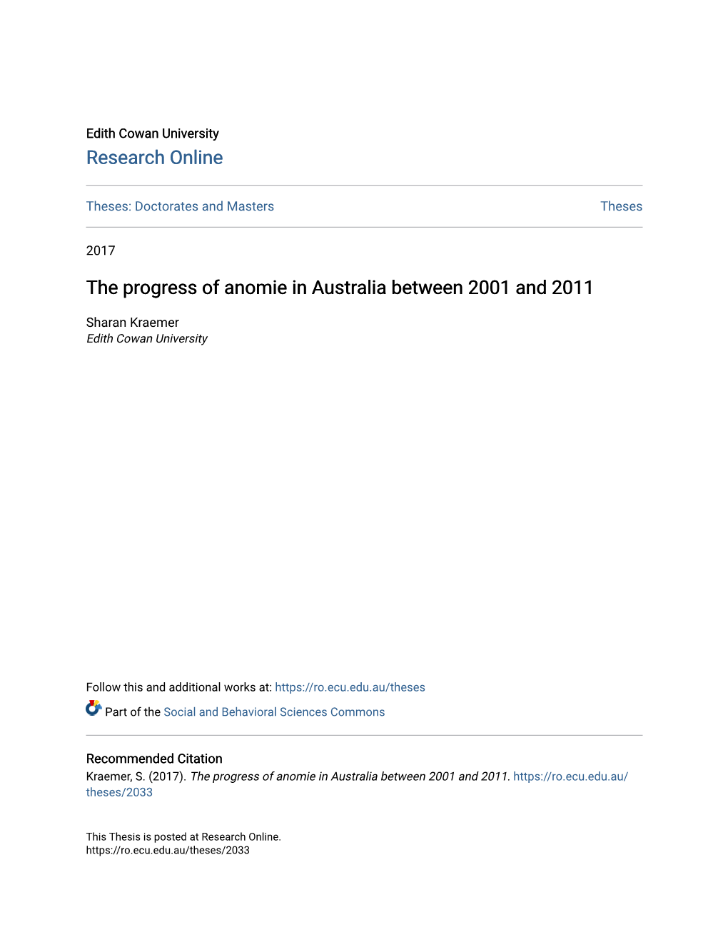 The Progress of Anomie in Australia Between 2001 and 2011