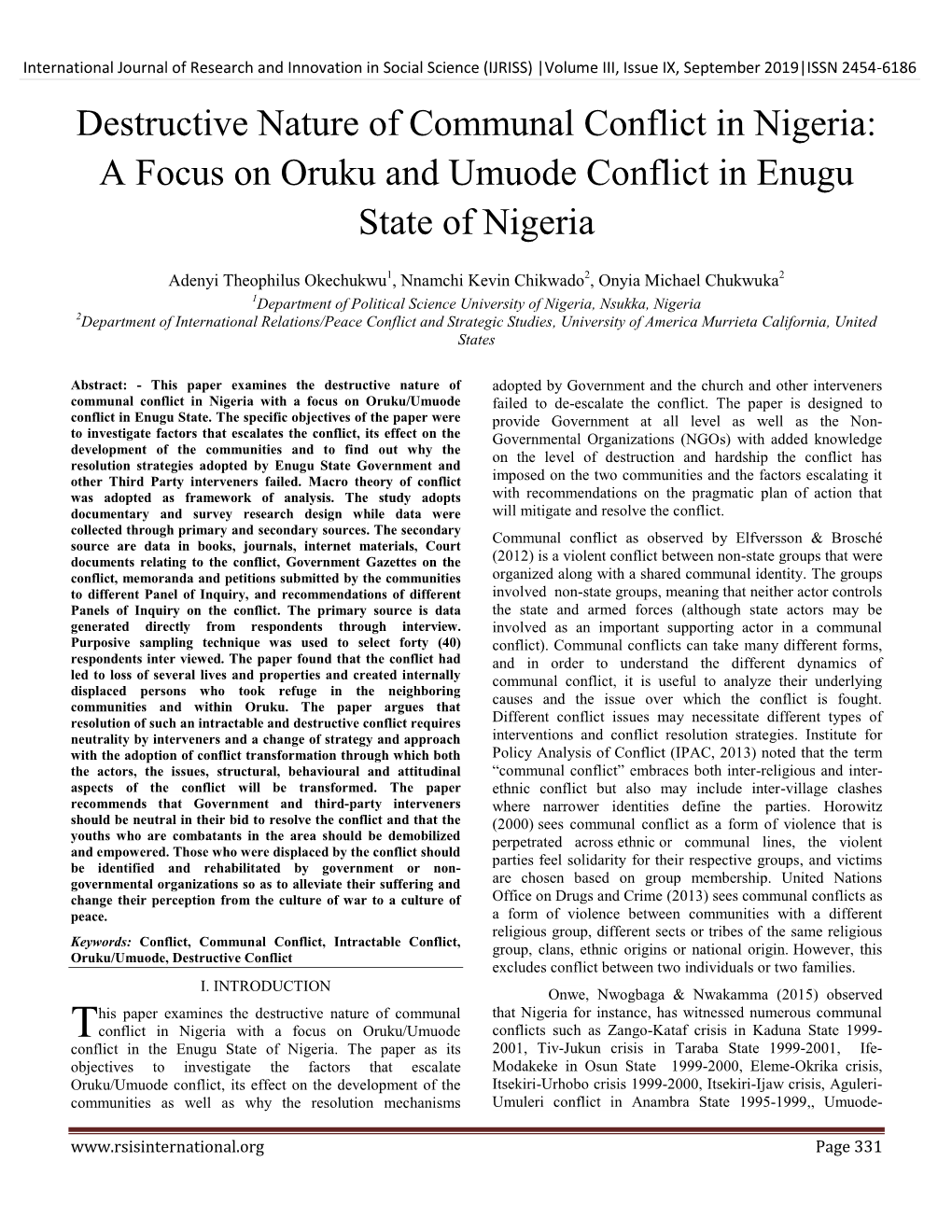 A Focus on Oruku and Umuode Conflict in Enugu State of Nigeria