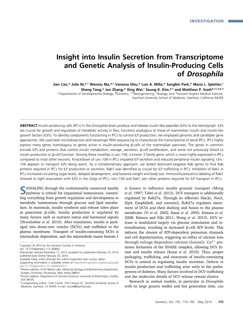 Insight Into Insulin Secretion from Transcriptome and Genetic Analysis of Insulin-Producing Cells of Drosophila