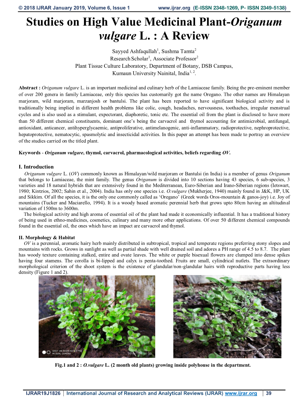 Studies on High Value Medicinal Plant-Origanum Vulgare L. : a Review